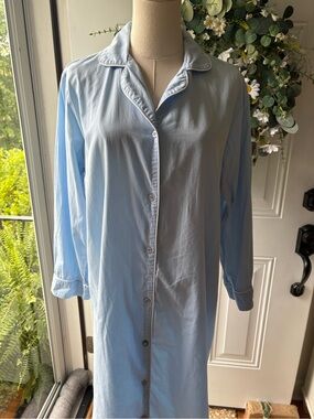 Light Blue 100% Cotton Long Button-Front Sleep Shirt